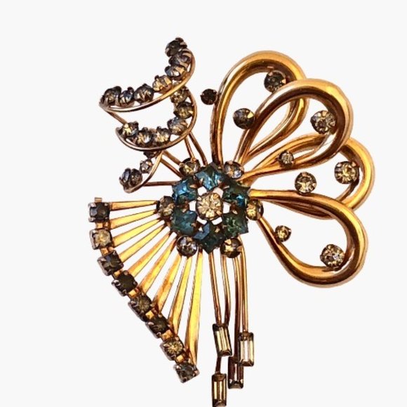 M&S Rhinestone Bow Brooch 1/20 12K Gold Filled Vintage Signed 1950s - Picture 11 of 16